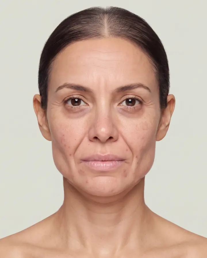 Ilustración de un rostro de mujer visto de frente, con un punto sobre cada zona.